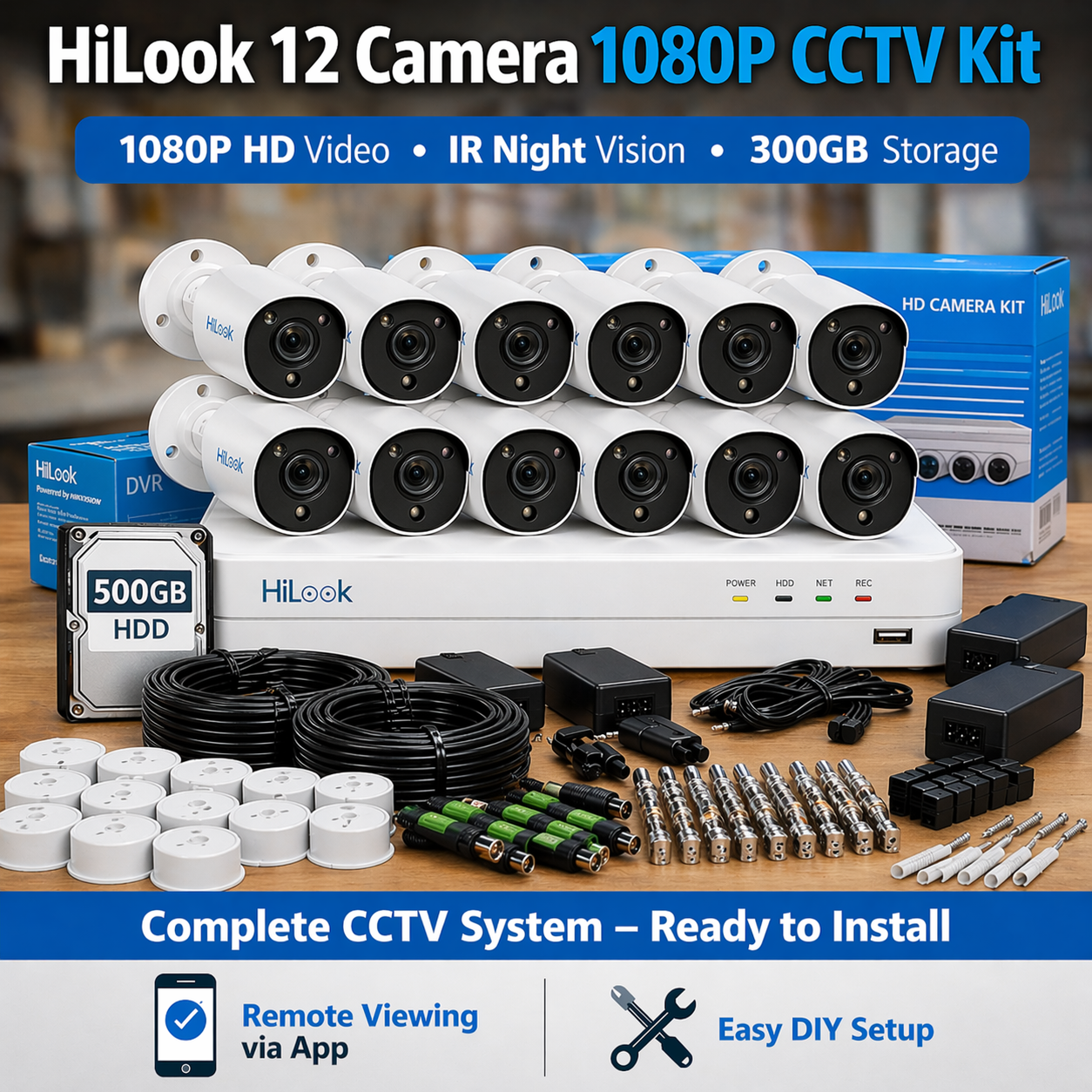 HiLook 12 Camera 1080P CCTV Security System (16 Channel DVR + 1TB Storage)  + Installation
