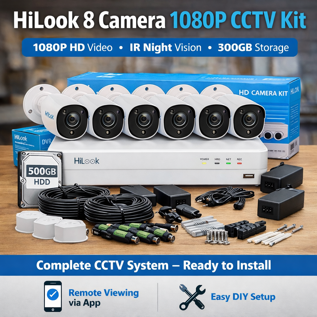 HiLook 1080P 8 Channel DIY CCTV Camera System (500GB HDD + Mobile viewing)  + Installation