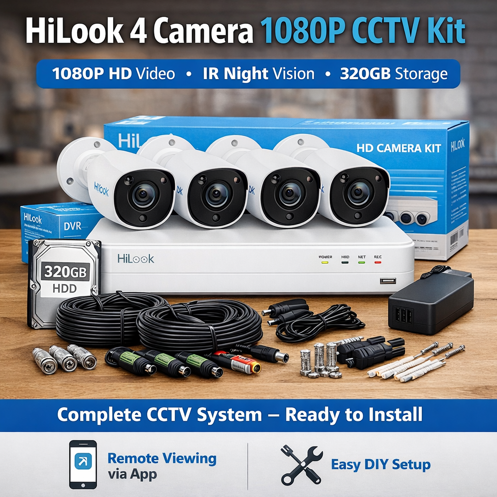 Hilook 1080P 4 Channel DVR & 4 Bullet Cameras DIY CCTV KIT (320GB HDD + Mobile viewing) + Installation